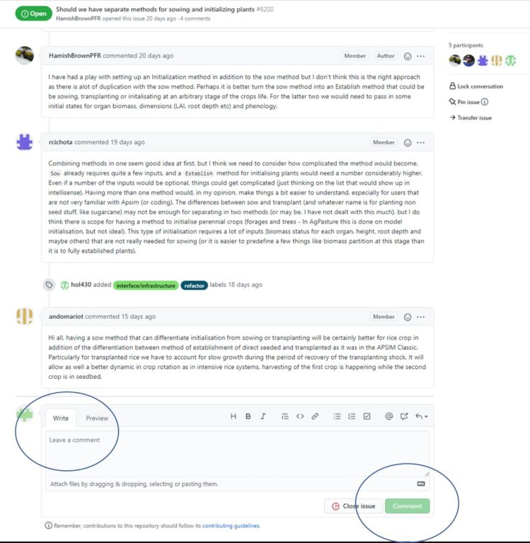 How to comment on a github issue apsim